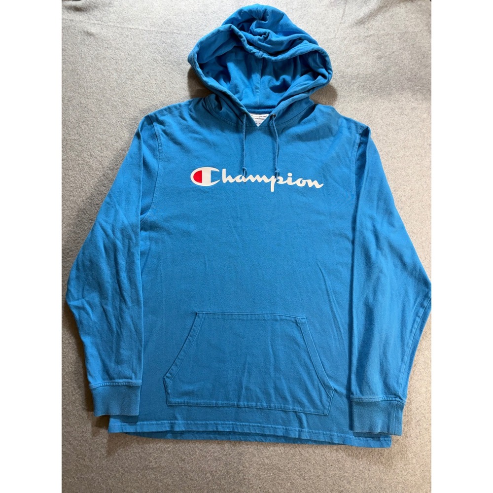 Champion Mens Blue Script Logo Lightweight Jersey Hoodie T4177 L